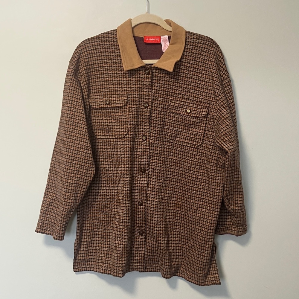 Liz Claiborne Houndstooth Brown Checkered Jacket with Tan Collar and Buttons
